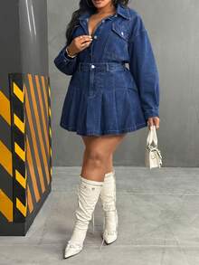 Slaydiva Plus Size Summer Casual Pleated Denim Skirt - Dark Wash - View 3