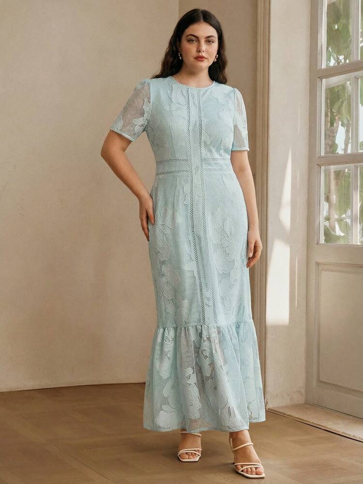 Elegant Petal Sleeve Lace Waist Fishtail Hem Floral Embroidery Sheer Plus Size Dress For Women