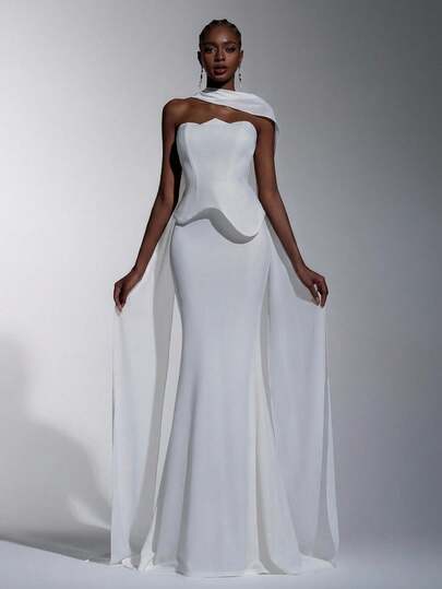 Elitara Vestido elegante y lujoso con volantes asimétricos, corpiño bandeau, cintura de corsé y bajo de cola de sirena, adecuado para varias ocasiones como vestidos de novia y vestidos de gala para mujeres