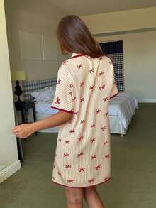 Dream Adore 女士撞色滚边蝴蝶结条纹印花翻领宽松短袖睡裙 - 黃色 - 查看 2