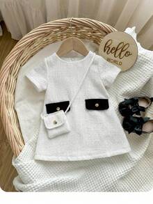 Baby Girl Summer Cute Short Sleeve Tweed Texture Fabric Dress & Crossbody Bag Set - Multicolor - View 1