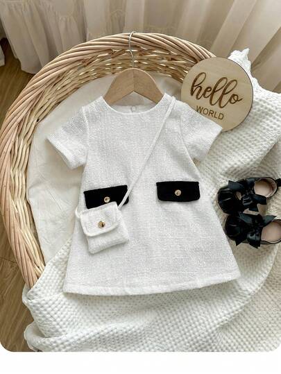 女婴夏季可爱短袖粗花呢纹理面料连衣裙及斜挎包套装