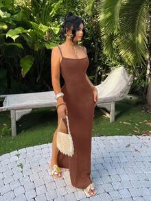 SHEIN SXY 大码女式夏季性感沙滩度假纯色华夫格面料高开衩修身吊带裙 - 棕色 - 查看 5