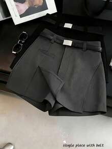 SHEIN Franclia Pantalones cortos de talle alto con abertura y pierna ancha, estilo minimalista francés, tejido gris, adecuados tanto para el trabajo como para uso casual, elegantes, para el verano de las mujeres, ropa casual y elegante para ir a la oficina, versátil y con estilo para el uso diario casual, atuendo profesional urbano para maestros - Gris - Ver 3