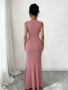 Elenzga Plus Size Women Elegant V-Neck Sleeveless Beaded Bodycon Party Dress - Blush Crush - View 2