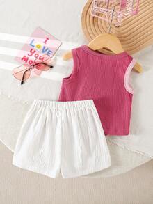 SHEIN 2pcs Baby Girls' Fashion Color Block Vest And Solid Minimalist Shorts Set, Casual Summer Outfit - Pink - View 2