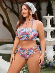 Swim Mod Plus Size Women 2pcs Printed Spaghetti Strap Triangle Bikini Swimwear - Multicolor - View 3
