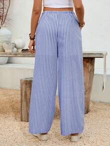 SHEIN Adjustable Waist Striped Wide Leg Loose Casual Maternity Pants - Blue - View 2