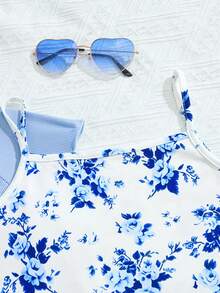 SHEIN Elladie kids Set de 2 piezas de niña preadolescente con top de cárdigan acanalado elegante y vestido con estampado floral digital con lazo en la cintura, conjunto de vestir casual para primavera/verano - Azul - Ver 6