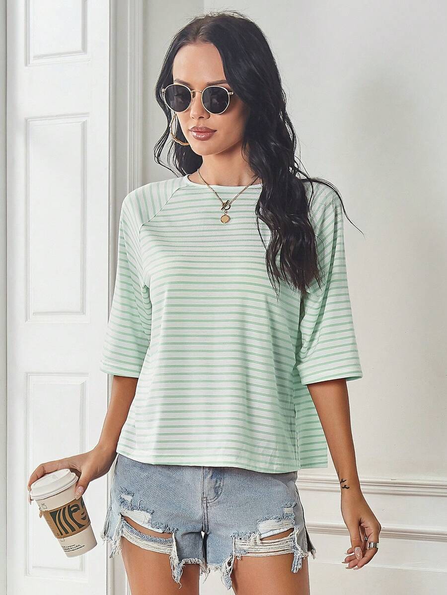 SHEIN Raffinéa Raglan Sleeve Striped Print Tee Graphic Tees Women Tops - Green - View 1