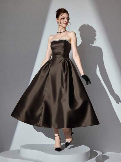 Poshira Women's Elegant Glamorous Party Banquet Rhinestone Decor Cinched Waist Formal Gown