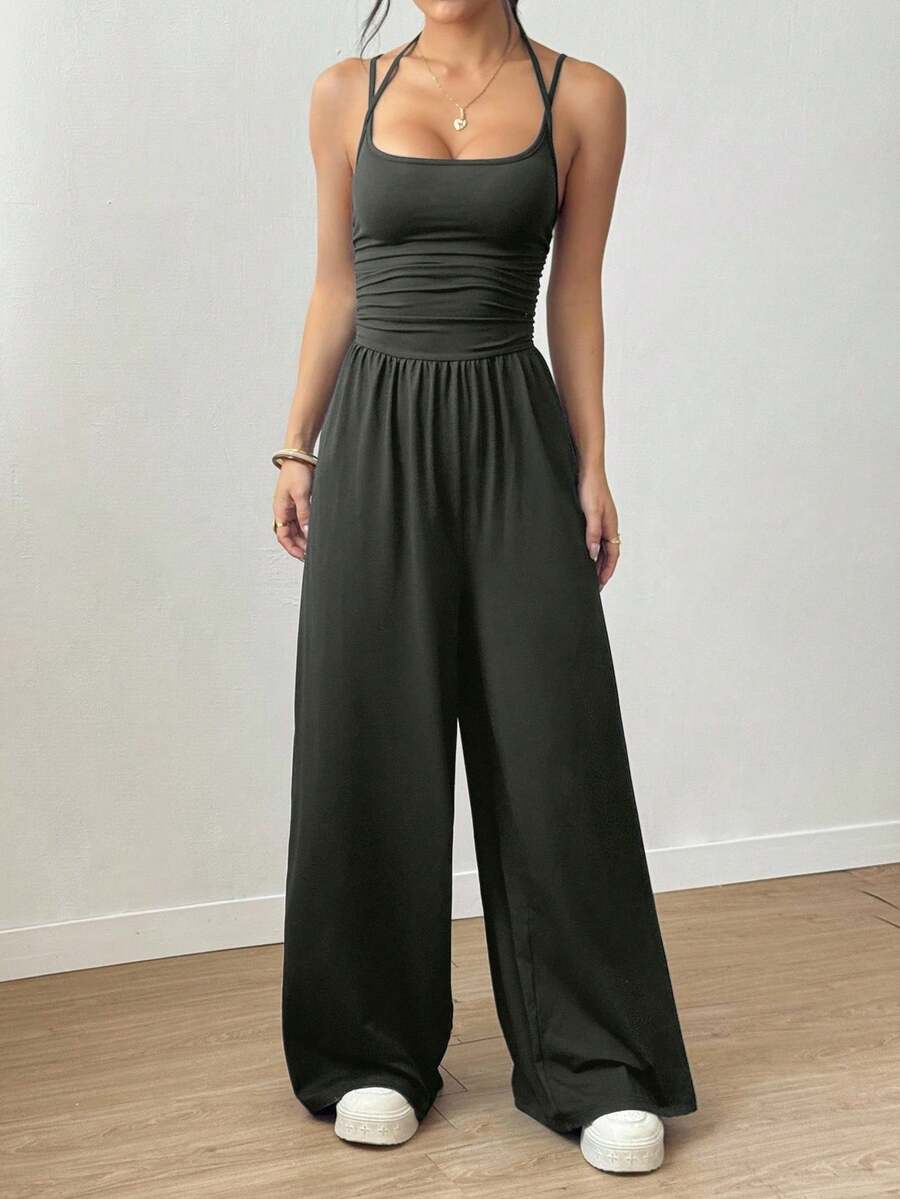 SHEIN PETITE 女款休閒端莊百褶寬鬆直筒連身褲,小個女款度假深灰色夏季 - 灰色 - 查看 1