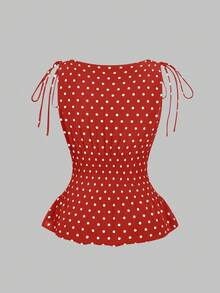 Sweetra Blusa casual versátil de uso diario con lunares y detalle de nudo para mujer de talla grande - Rojo - Ver 2