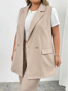 SHEIN CURVE+ Plus Size Lapel Collar Double Button Vest Blazer Workwear Graduation,Back To School,Teacher Outfits For Women In Fall/Winter - Apricot - View 6