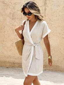 SHEIN Frenchy Đầm ngắn nữ kiểu dáng thường ngày, thắt nút, thích hợp cho kỳ nghỉ, tiệc tùng, du lịch. - Màu be - Xem 5