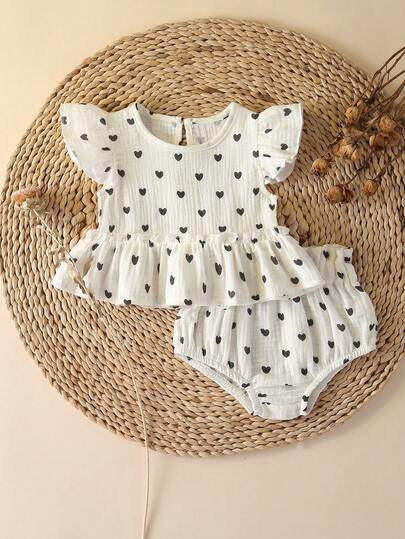 SHEIN 2pcs Baby Girls' Round Neck Cap Sleeve Snap-Up Top + Elastic Waist Shorts Green Casual Cute Polka Dot Print Pure Cotton Set, Suitable For Summer Daily Outings, Weekend Park/Playground Picnics, Traveling And Various Occasions