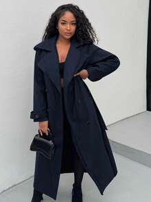 Alexandranx Áo khoác trench coat dài màu cà phê, chống gió, ấm áp, cạp chun, cài hai hàng khuy, phong cách Anh đa năng cho mùa thu/đông - Màu xanh hải quân - Xem 6