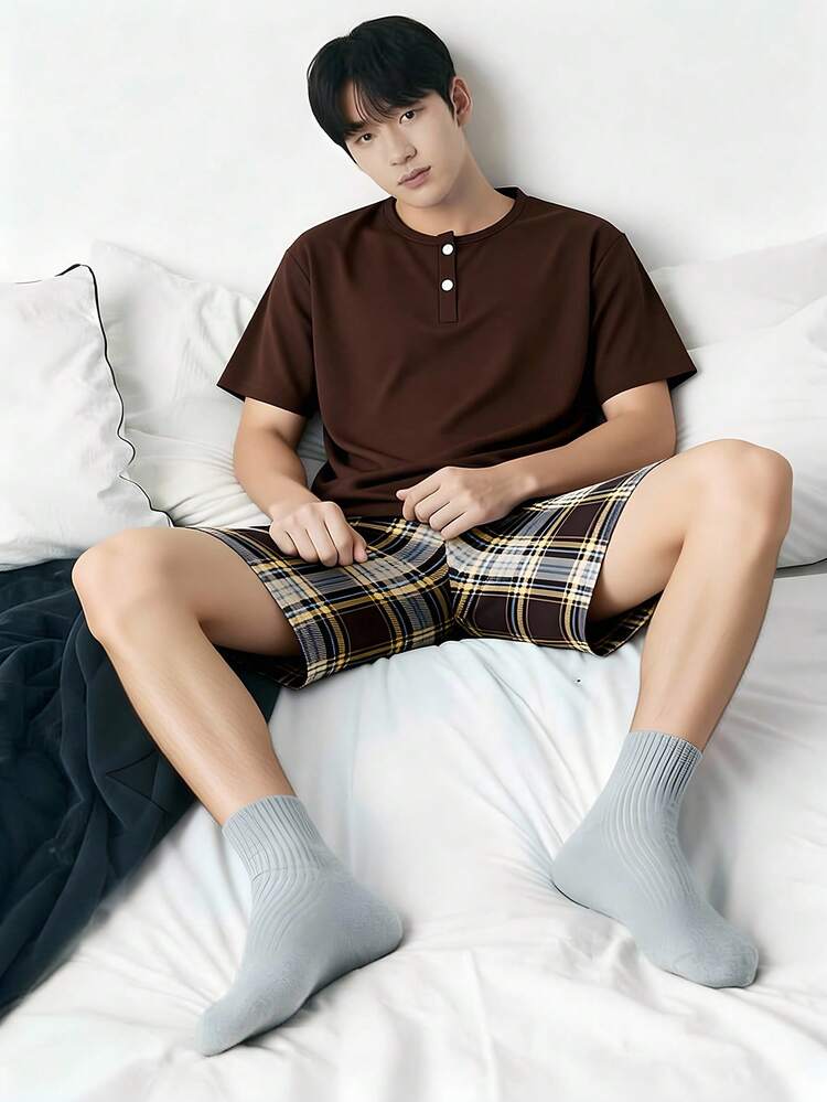 2件套青少年男童简约绅士格子半拉链短袖上衣和短裤睡衣套装 - 咖啡棕 - 查看 7