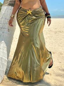 Sunnyshic Gold-Plated Music Festival Slit Sexy Long Skirt - Gold - View 4
