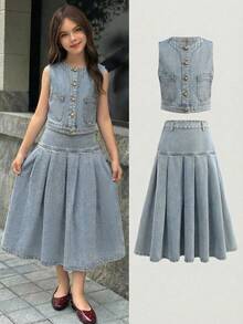 SHEIN 两件套少女时尚休闲Y2K复古酷炫街头风蓝色牛仔无袖短外套和宽松舒适牛仔百褶长裙套装，适合儿童日常穿着，也适合春夏派对、节日和街头服饰。 - 藍色 - 查看 7