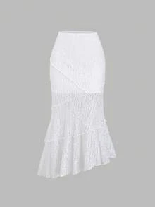 Sweetra Chân váy maxi bất đối xứng phối ren mới - trắng - Xem 1