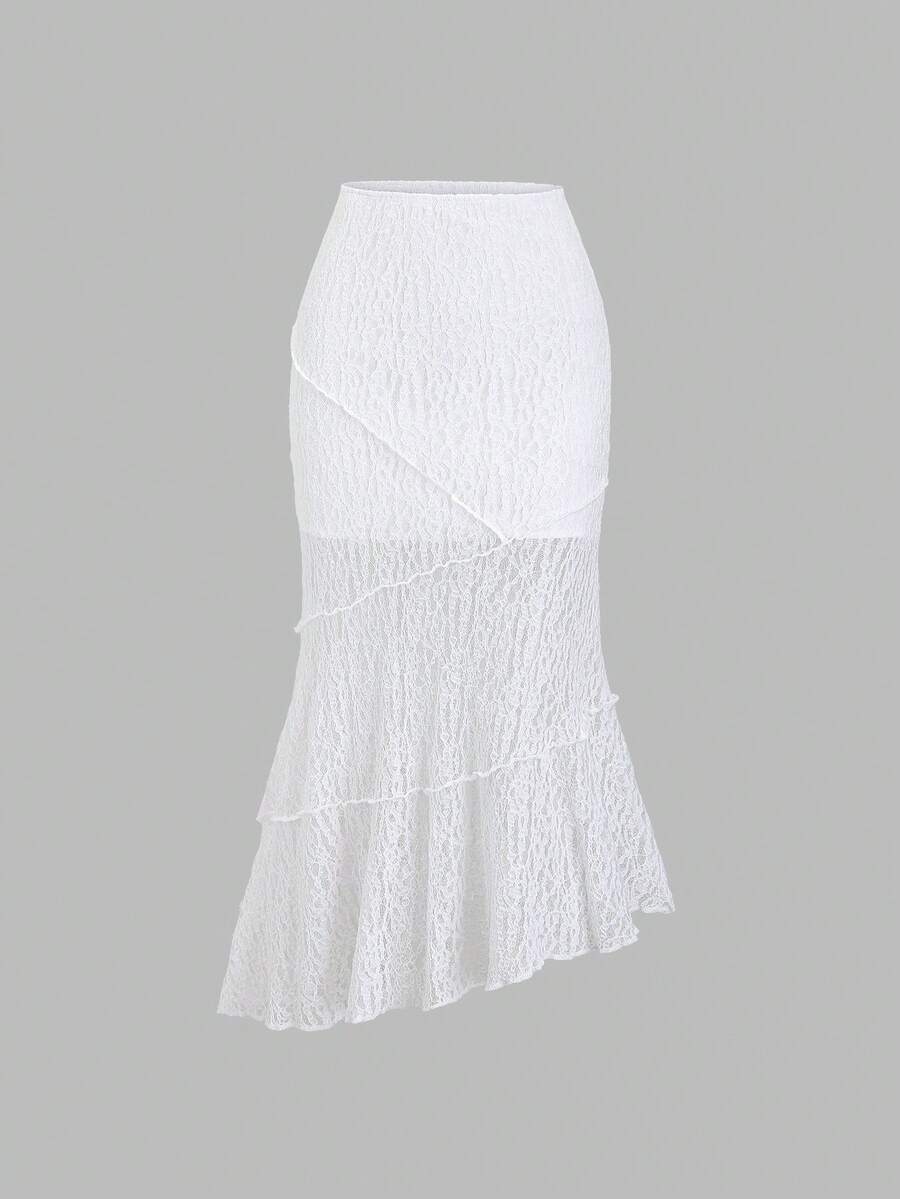 Sweetra Chân váy maxi bất đối xứng phối ren mới - trắng - Xem 1