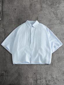 AXEPEAK Camisa casual de manga corta con botones y rayas de letras para hombres - Azul - Ver 2