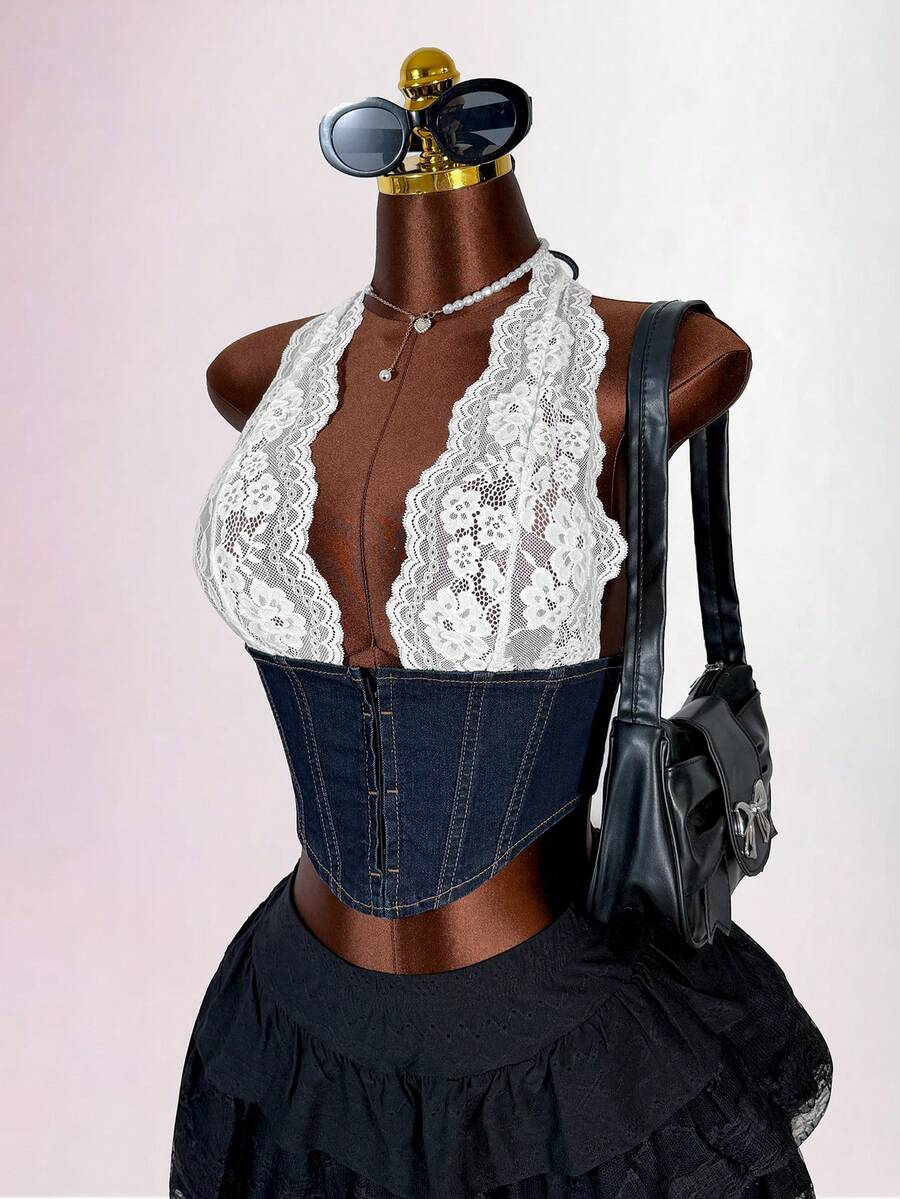 Amplova Women's Y2k Fashionable Sexy Lace Patchwork Open Back Halter Denim Top - Blue - View 1