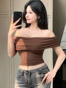 DAZY Brown Fitted Cropped Off Shoulder Top, Fashionable For Music Festivals, Summer & Spring Top - Brown - View 7