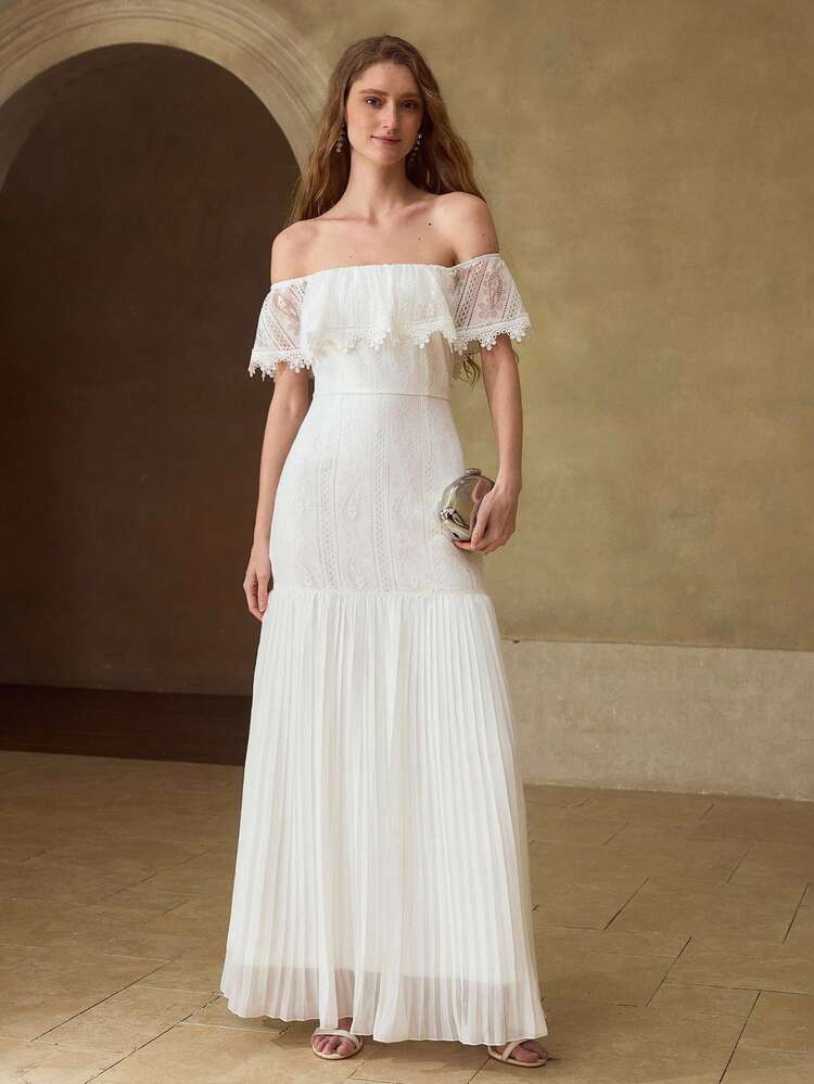 NEW SPRING/SUMMER OFF-THE-SHOULDER DRESS, PEAR-SHAPED FIGURE FLATTERING, ELEGANT SWEET WHITE MAXI DRESS