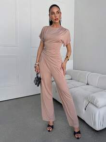 Lavishia Conjunto cómodo y elegante de 2 piezas para uso diario: Top con pliegues de manga corta y pantalones de pierna ancha - Caqui - Ver 3