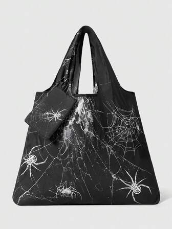 Grunge Punk Modische minimalistische Tasche mit Spinnennetz- und Spinnen-Motiv, faltbar mit großer Kapazität und Münzbeutel, 1080122
