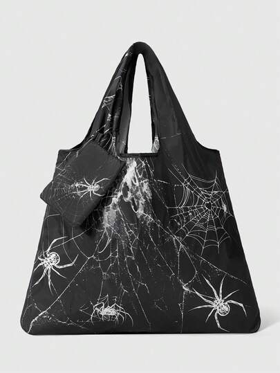 Grunge Punk Modische minimalistische Tasche mit Spinnennetz- und Spinnen-Motiv, faltbar mit großer Kapazität und Münzbeutel, 1080122