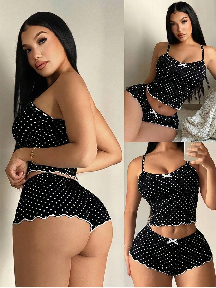 SHEIN SXY 大码女士休闲波点睡衣套装 - 吊带背心+短裤,两件套波点睡衣套装,女士波点睡衣套装,可爱蝴蝶结性感款 - 黑色 - 查看 1