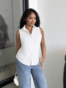 Alexandranx Camisa sin mangas con botones y cuello para mujer, blusa de manga larga casual para uso elegante, negocios y vestimenta formal - Blanco - Ver 4