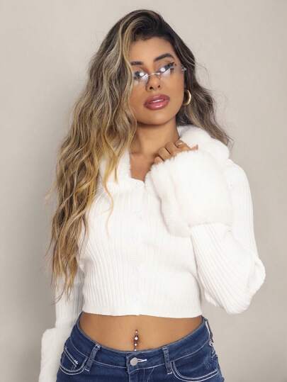 Rayane Ketlyn ボルグカラー、ファジーカフス、タイトカット、ブラック、長袖カーディガン、秋冬用長袖トップス