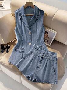 GlowEve Women's Metal Bow Button Design Casual Vest Denim Jacket - Blue - View 2