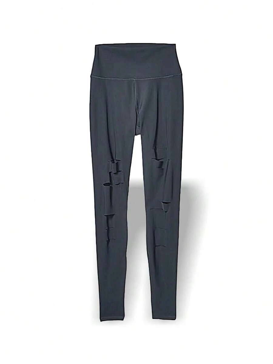 Alo Yoga Leggings HIGH WAIST RIPPED WARRIOR Warmth Sweat Absorption Breathable Lightweight Solid Good Elasticity Easy To Wash Gym Cycling Women Deep Gray W555R - ANTHRACITE - 深灰色 - 查看 1