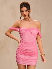 SHEIN BAE Women's Pink Ruched Mesh Dress,Elegant Sexy 70s Spaghetti Strap Minimalist Dress For Summer,Night Out,Party,Wedding Guest Attire,Graduation,Date - Baby Pink - View 6