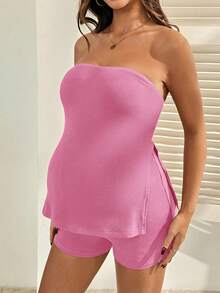 SHEIN 2pcs Maternity Set: Solid Color Bandeau Top With Side Slit And Adjustable Waist Shorts World Cup - Pink - View 6