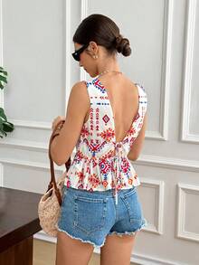 Women's Deep V-Neck Geometric Print Pleated Casual Versatile Daily Wear Blouse,Summer Top,Women's Summer Boho Plunge V-Neck Sleeveless Peplum Top Casual Vacation White Blouse,Elegant White Geometric Print Deep V Neck Ruched Waist Peplum Top For Beach Holiday,Women Summer Top White Boho Sleeveless Deep V Neck Ruffle Hem Peplum Blouse Casual Outfit,Holiday Outfits For Women ,Summer Holiday Outfits ,Casual Suit, Suitable For Everyday Wear. - Multicolor - View 11