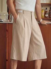 SWAVVY Men's Striped Pattern Button Zipper Casual Shorts - Khaki - View 3