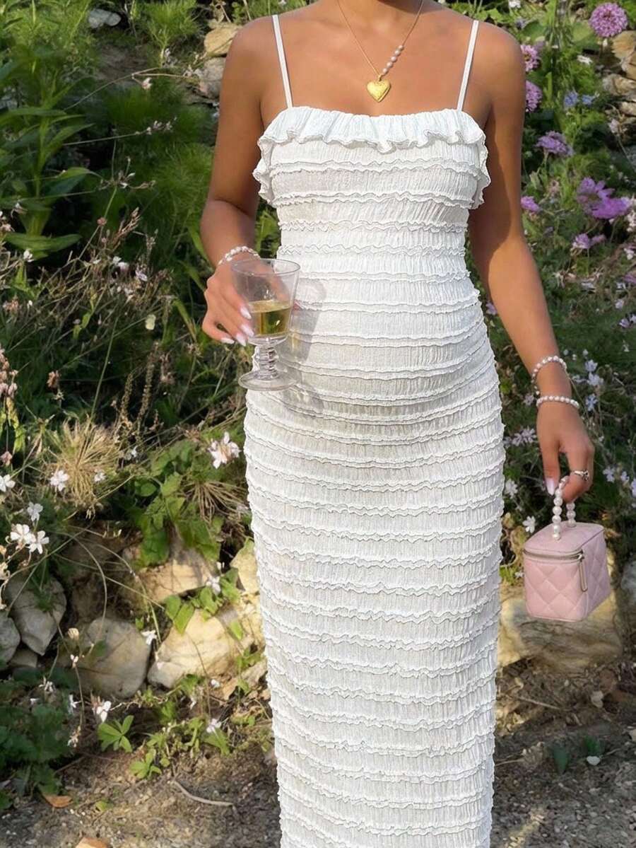 SHEIN 孕妇纯色荷叶边修身夏季吊带连衣裙 - 白色 - 查看 1