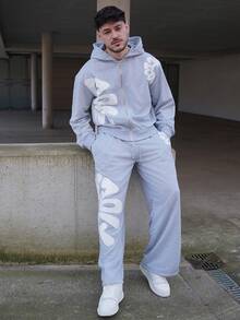 LEOGASHI LEOGASHI 男式字母印花连帽拉链长袖卫衣 - 灰色 - 查看 6