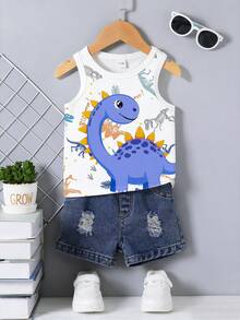 2pcs Baby Boy Outfit, Cute Casual Dinosaur Print Vest Top And Shorts Set, Suitable For Summer Outings - Multicolor - View 2