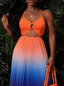 Lureya Women Multicolor Boho Long Pleated Cami Dress Ombre Random Print Ruffle Hem Sleeveless Spaghetti Strap Beachwear Prom Dresses For Women - Multicolor - View 3