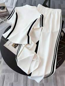 Resyla Women's Striped Short Sleeve Zip Front Top And Pants Casual 2 Pieces Set - White - View 2