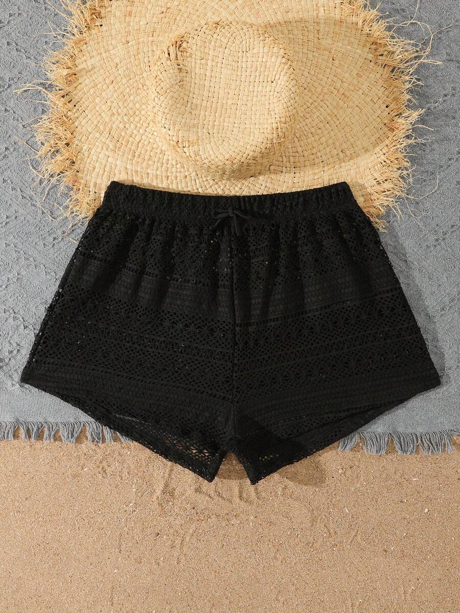 SHEIN Teen Girl Black Hollow Lace Beach Shorts,Summer New Breathable Sunscreen Cover Pants,Elastic Drawstring Waist,Holiday,Vacation,Fashionable Dressing - Black - View 1