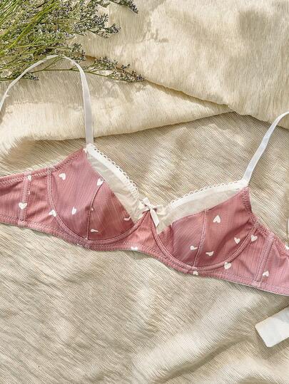 女士心形印花拼色文胸，可爱