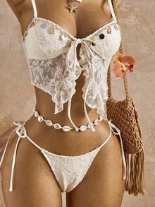 Swim SXY 女士象牙色蕾丝亮片细肩带系带性感度假风比基尼两件套泳衣，夏季 - 白色 - 查看 6